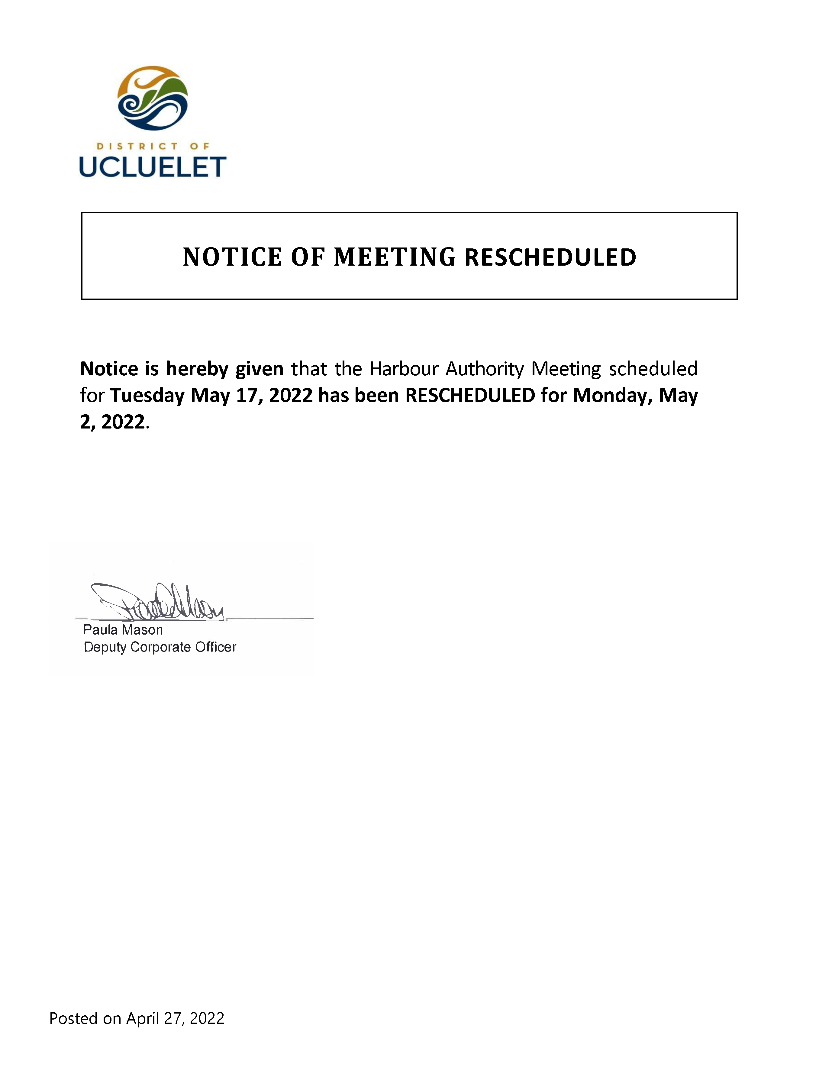 2022 05 17 Harbour Authority Meeting RESCHEDULED