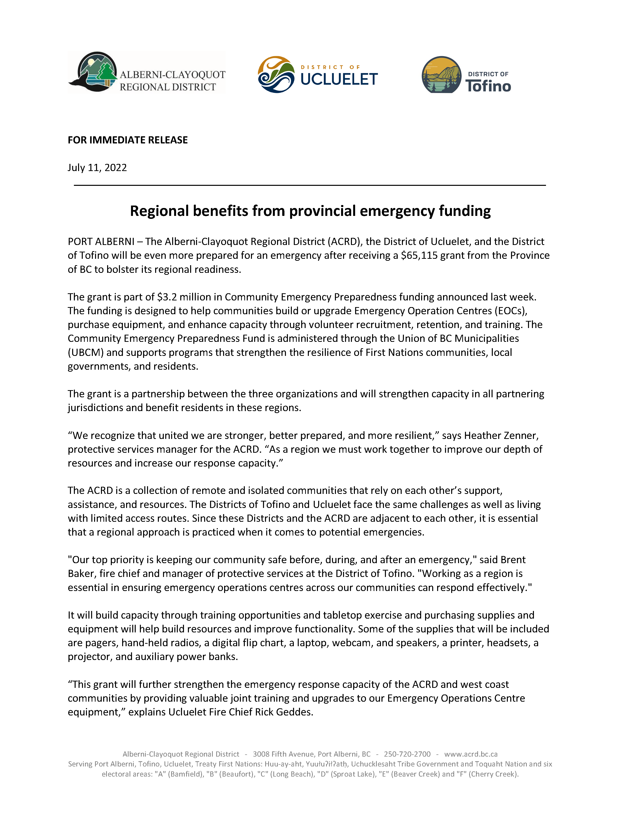 2022 07 11 ACRD DoT DoU Press Release EOC funding Page 1