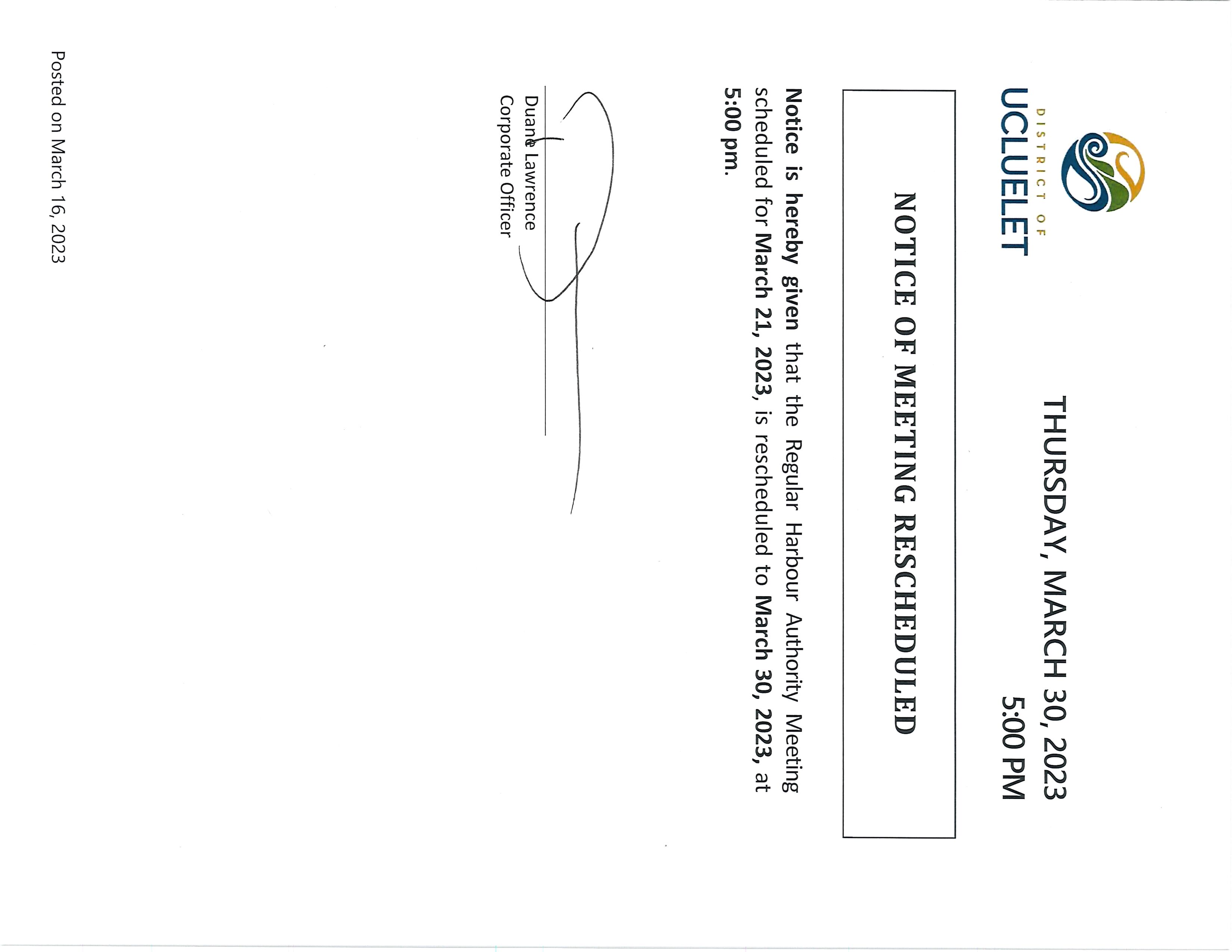 2023 03 30 Reschedule Harbour Authority