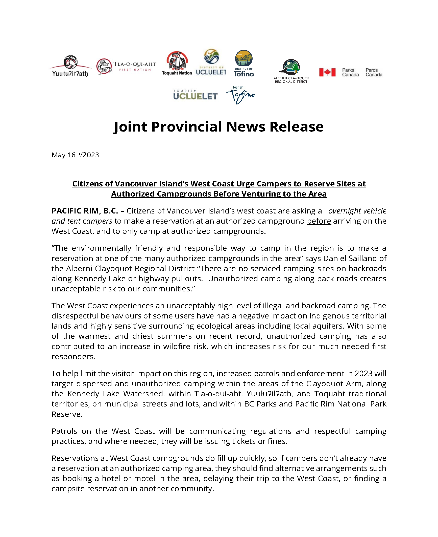 Joint Release Unauthorized Camping May 2023 Page 1