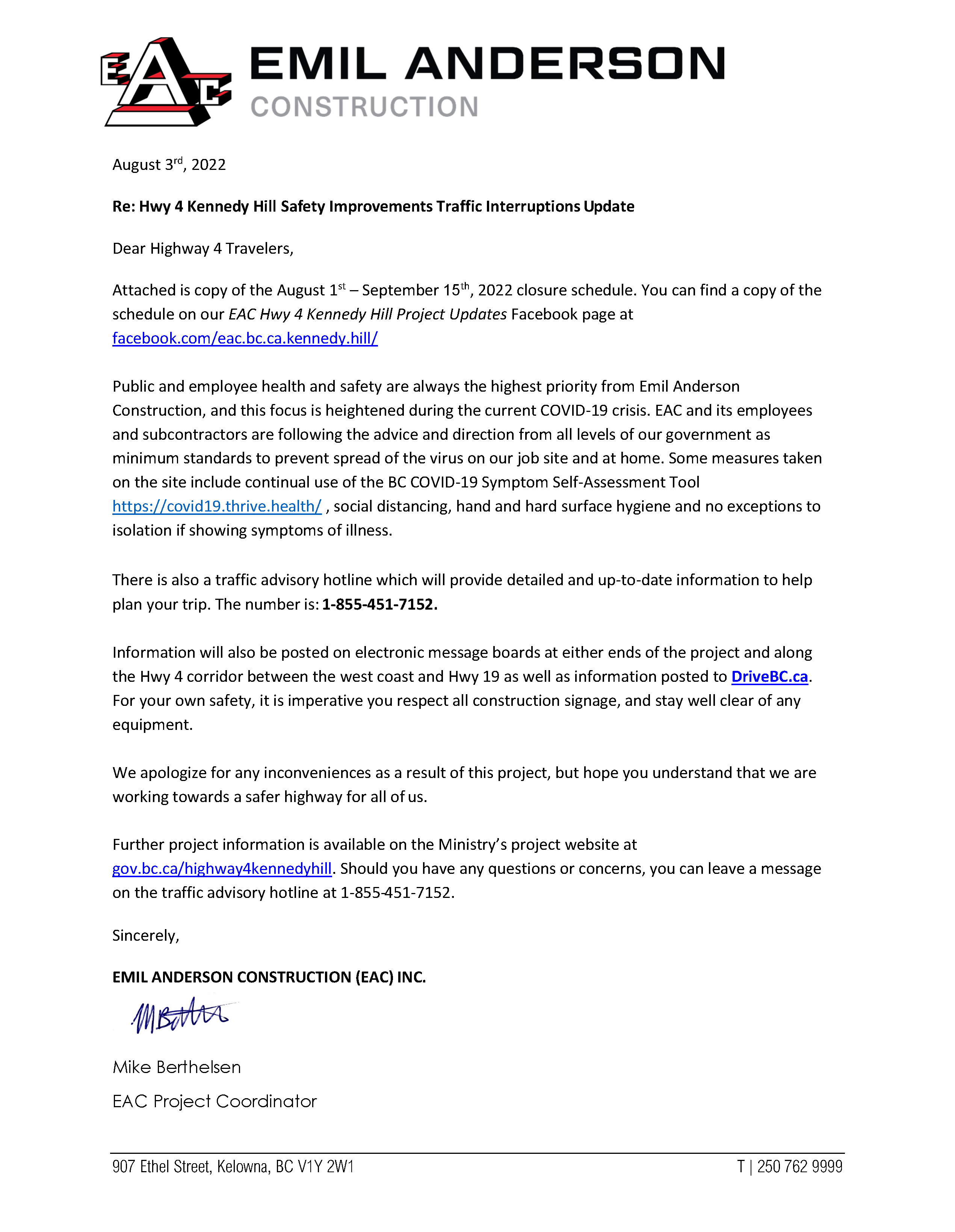 Letter 2022 08 01 HWY 4 Kennedy Hill Traffic Interruptions Update Page 1