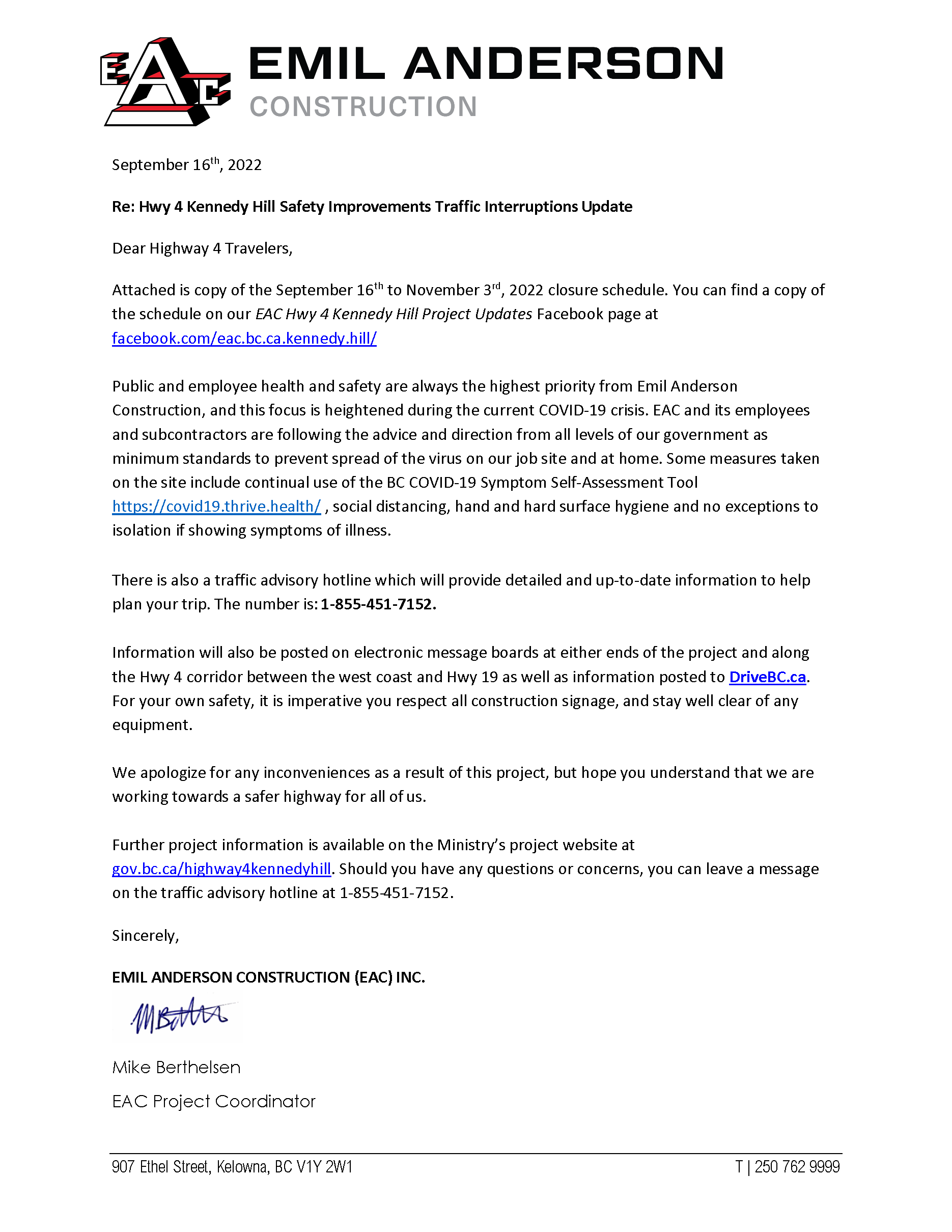 Letter 2022 09 16 HWY 4 Kennedy Hill Traffic Interruptions Update Page 1