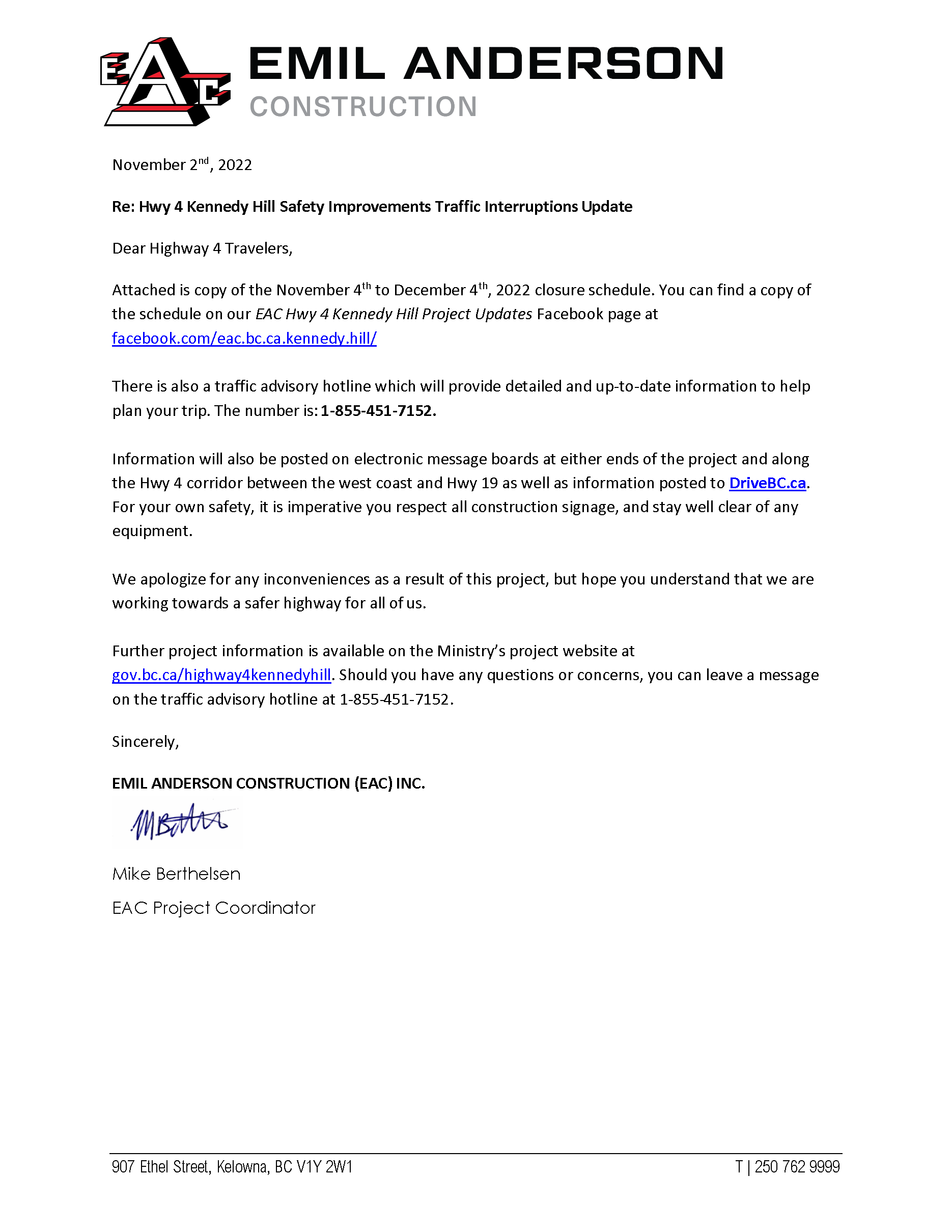 Letter 2022 11 02 HWY 4 Kennedy Hill Traffic Interruptions Update 002 Page 1